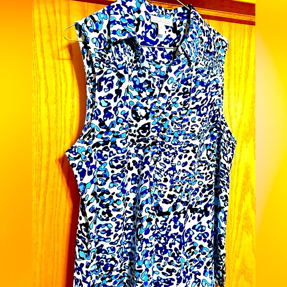 Woman XL Blue Sleeveless Tunic Shirt, Dana Buchman, V-neck with Buttons